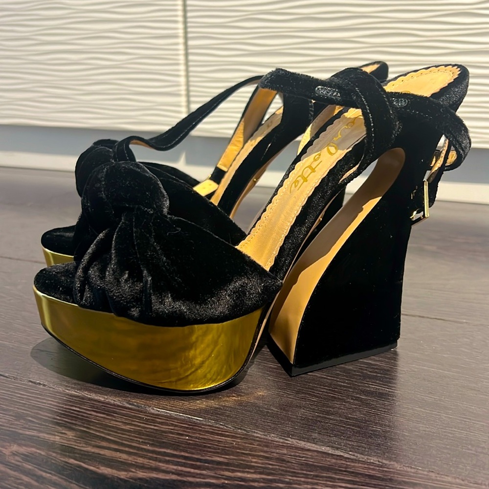 Charlotte Olympia Ankle Strap Velvet Vreeland Black and Gold